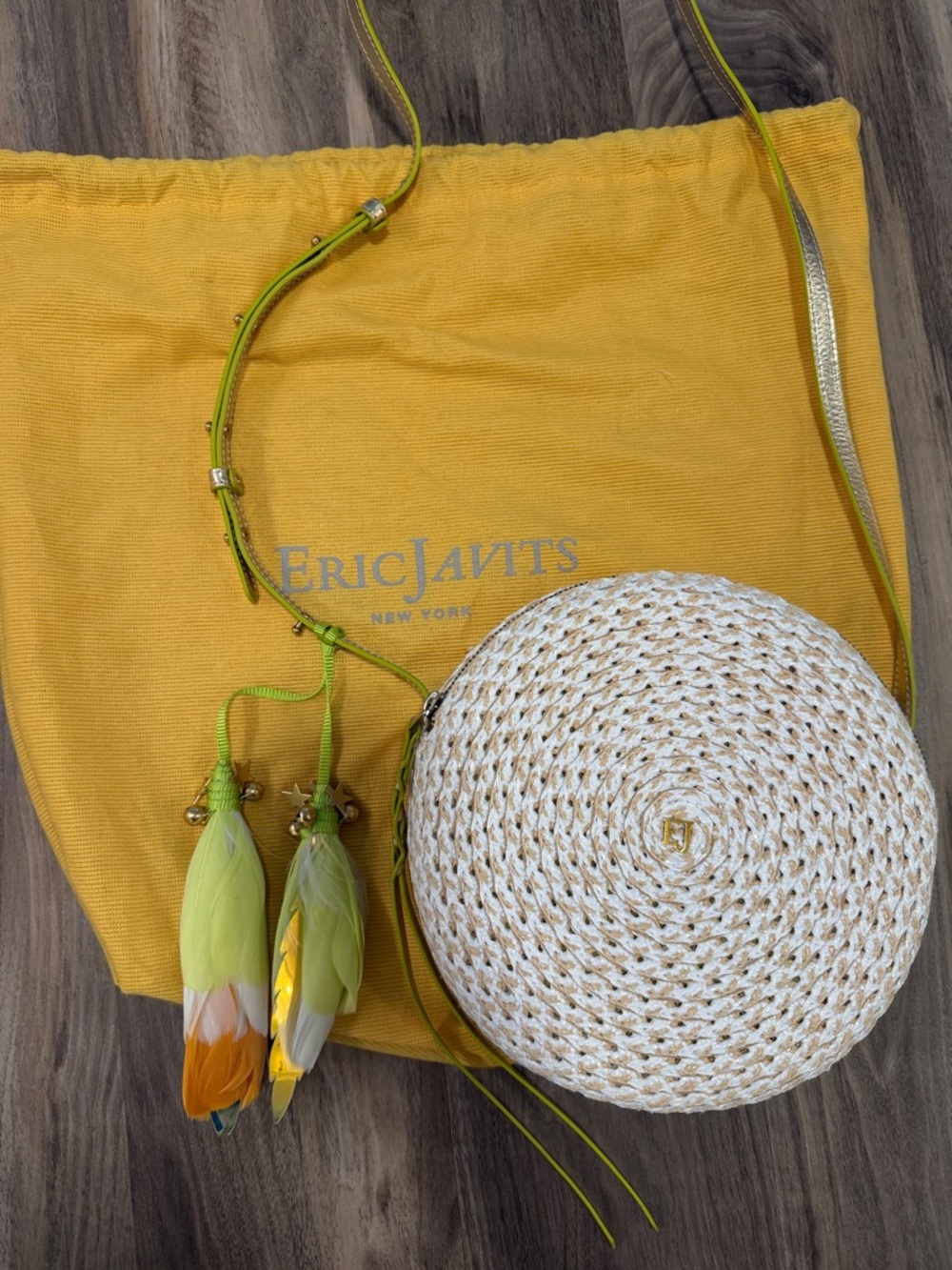 Eric Javits Round Straw Crossbody Bag with Yellow Accents